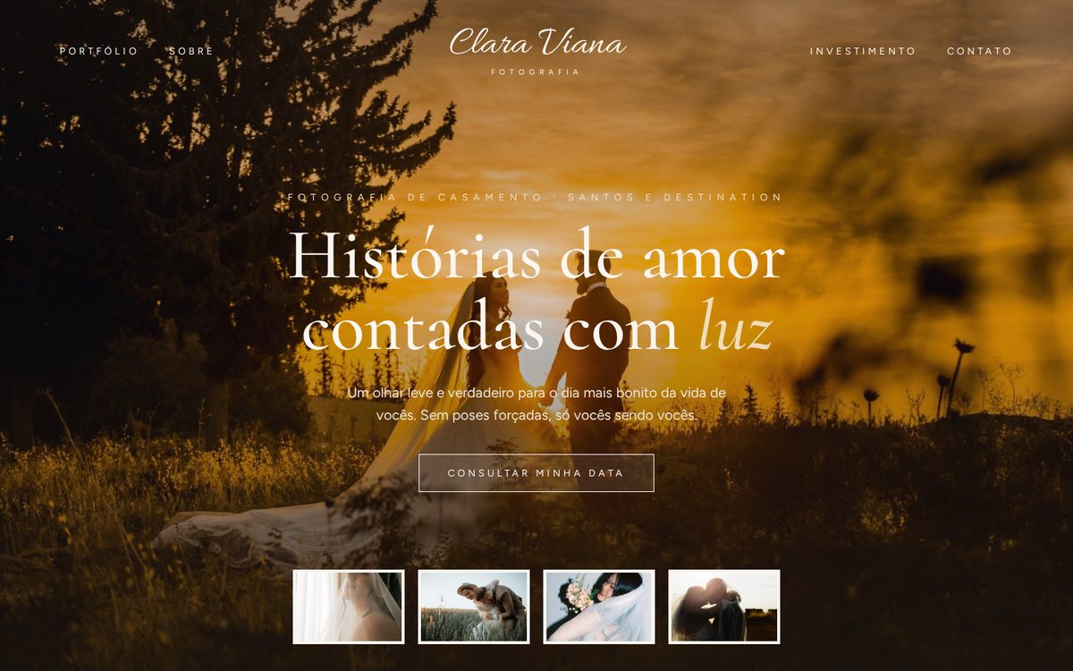 Tela inicial do site conceito Clara Viana, fotógrafa de casamentos