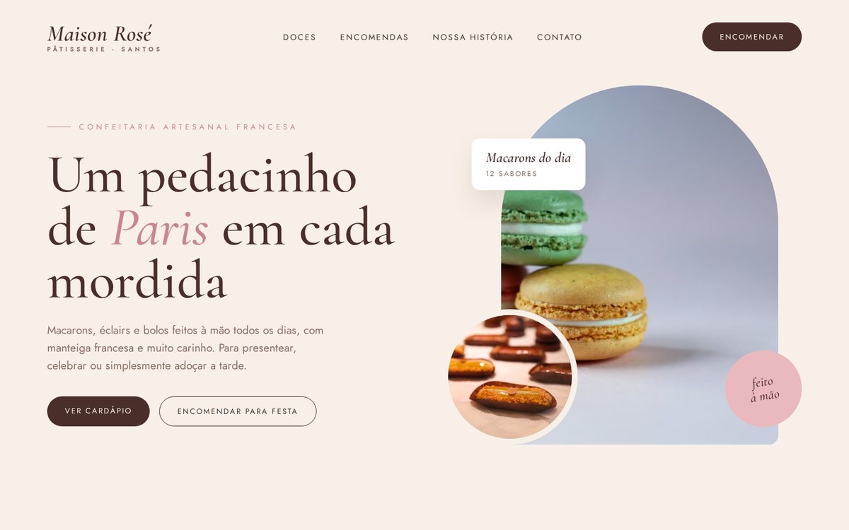 Tela inicial do site conceito Maison Rosé, doceria parisiense