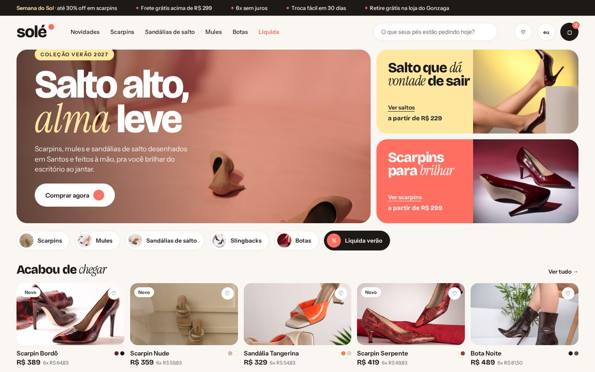 Tela inicial da loja virtual conceito solé, saltos femininos