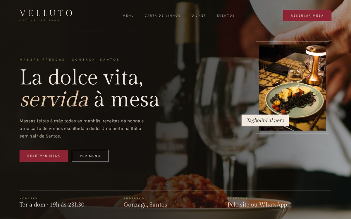 Tela inicial do site conceito Velluto, restaurante italiano